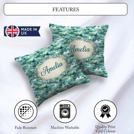 Custom Name Soft Aqua Watercolor Sky Seamless Pattern Name Cute Square Filled Cushion Throw Pillow Sofa Bed Home Decor Zip Washable UK Made