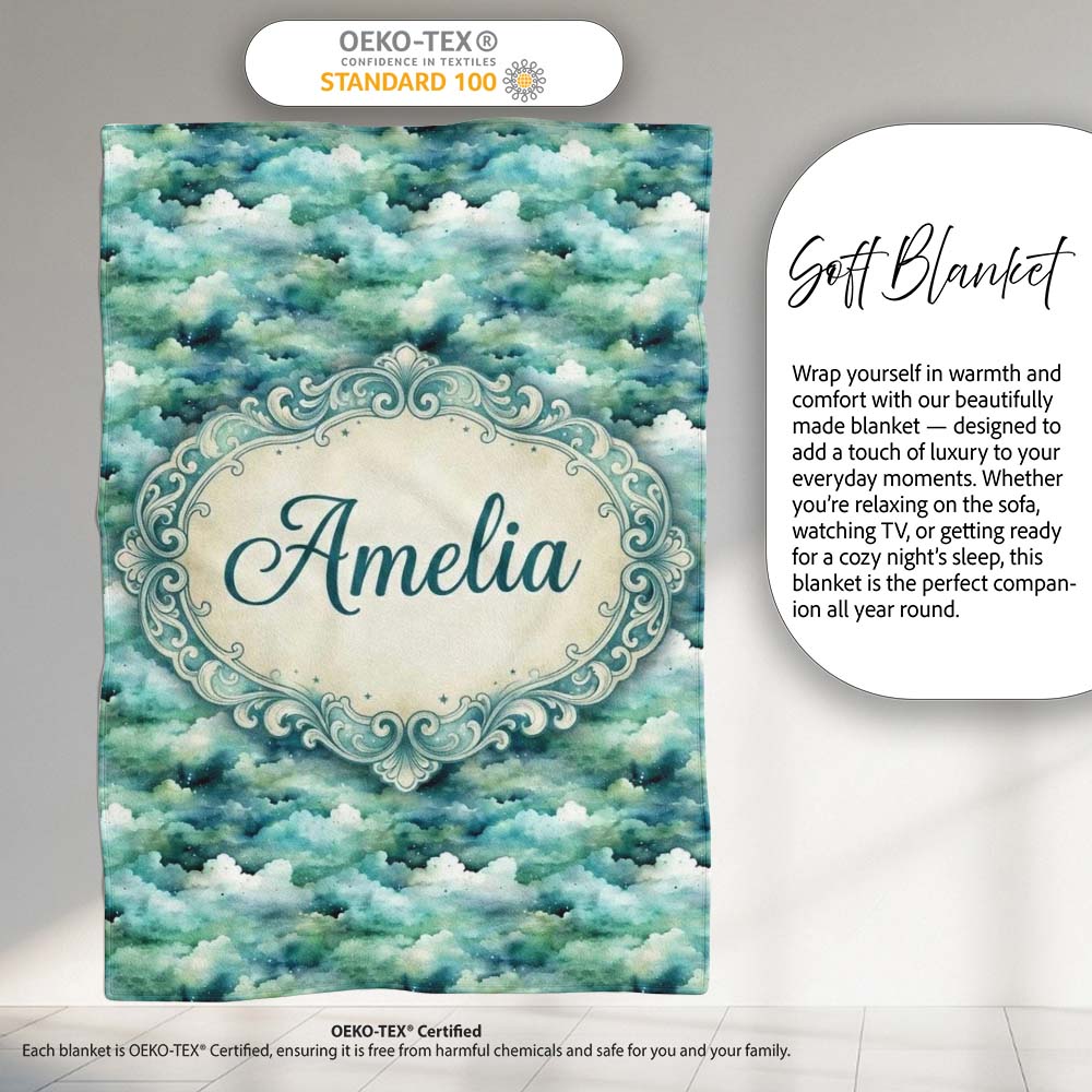 Soft Aqua Watercolor Clouds Sky Seamless Pattern Name Cute Unique  Personalised Custom Name Super Soft Fleece Blanket Bed Sofa Throw