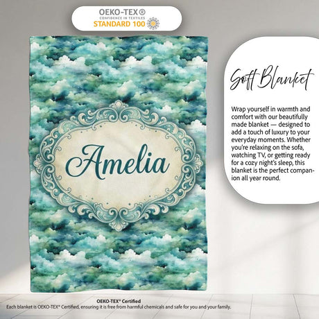 Soft Aqua Watercolor Clouds Sky Seamless Pattern Name Cute Unique  Personalised Custom Name Super Soft Fleece Blanket Bed Sofa Throw