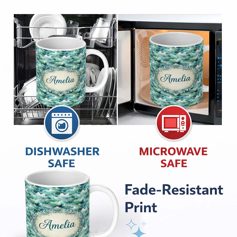 Personalized Custom Name Soft Aqua Watercolor Clouds Sky Seamless Pattern Name Cute Unique 11oz Ceramic Coffee Tea Mug White Large Handle