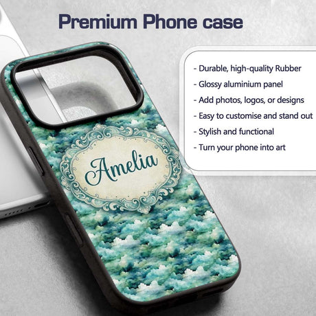 Soft Aqua Watercolor Clouds Sky Seamless Pattern Custom Name Protective Phone Case Mobile Cover Durable Everyday Smartphone Shock Resistant