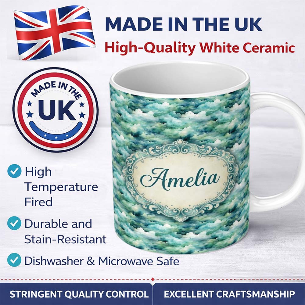 Personalized Custom Name Soft Aqua Watercolor Clouds Sky Seamless Pattern Name Cute Unique 11oz Ceramic Coffee Tea Mug White Large Handle