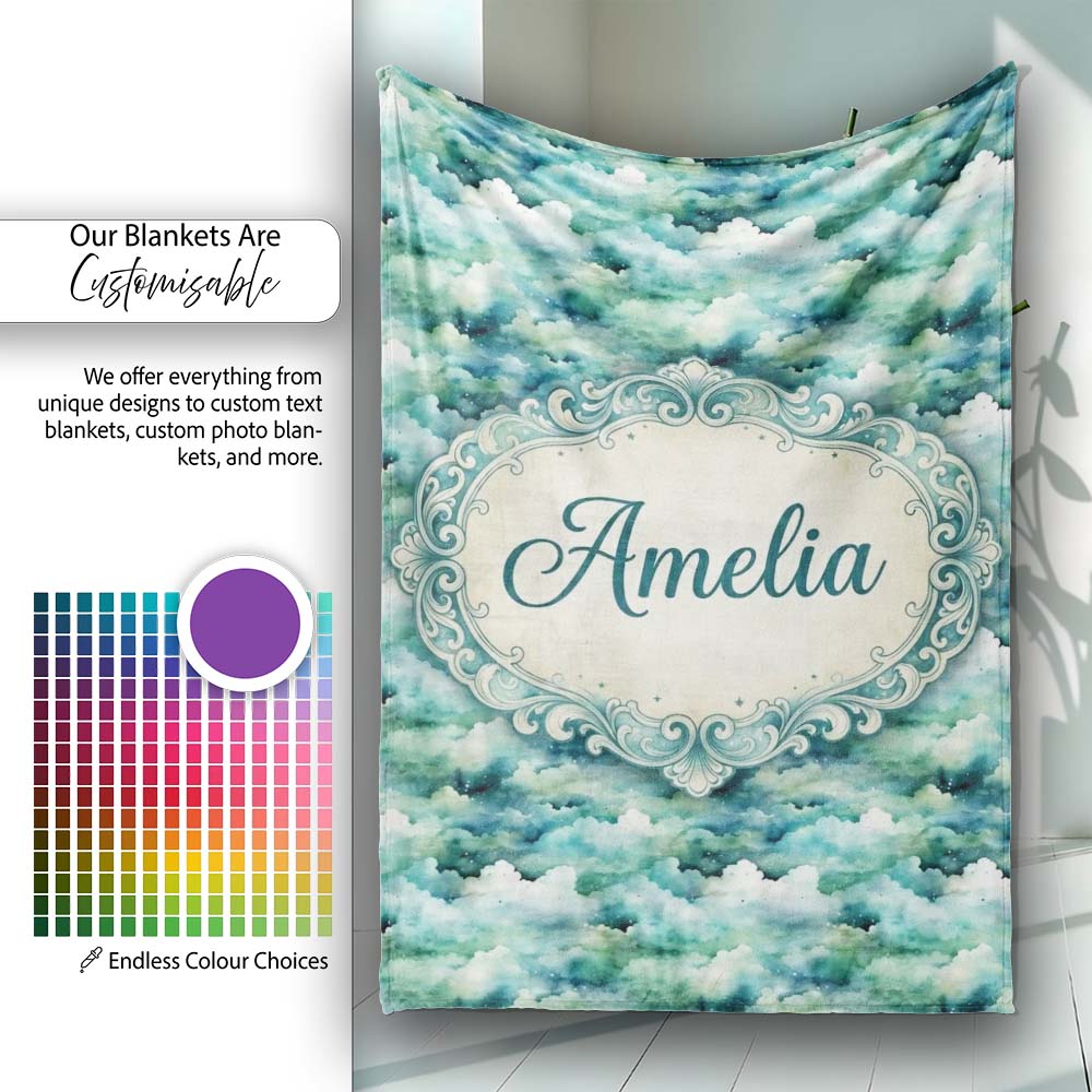 Soft Aqua Watercolor Clouds Sky Seamless Pattern Name Cute Unique  Personalised Custom Name Super Soft Fleece Blanket Bed Sofa Throw