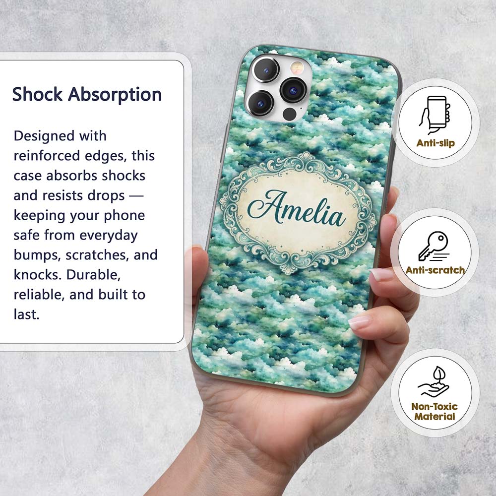Soft Aqua Watercolor Clouds Sky Seamless Pattern Custom Name Protective Phone Case Mobile Cover Durable Everyday Smartphone Shock Resistant