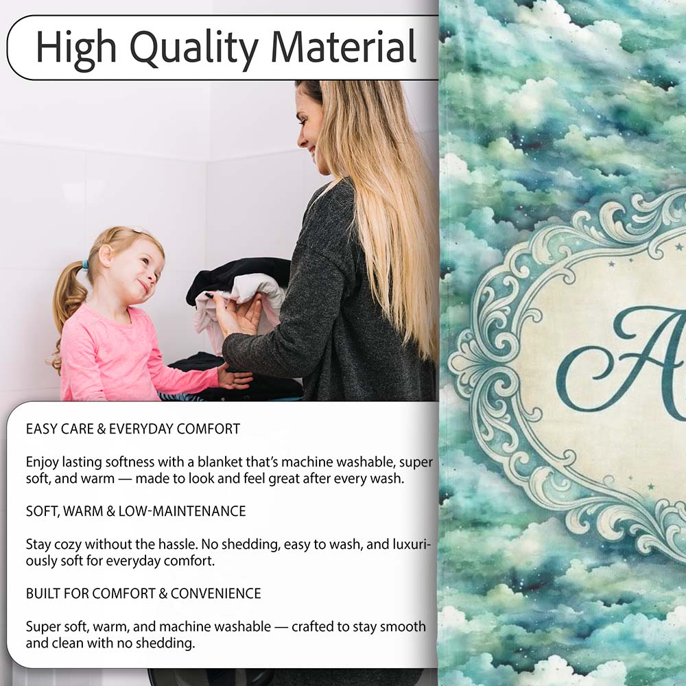 Soft Aqua Watercolor Clouds Sky Seamless Pattern Name Cute Unique  Personalised Custom Name Super Soft Fleece Blanket Bed Sofa Throw