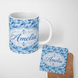 Personalized Custom Name Blue White Realistic Clouds Sky Seamless Pattern Name Cute Unique 11oz Ceramic Coffee Tea Mug White Large Handle