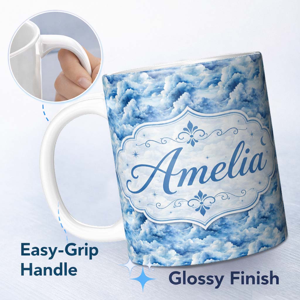 Personalized Custom Name Blue White Realistic Clouds Sky Seamless Pattern Name Cute Unique 11oz Ceramic Coffee Tea Mug White Large Handle
