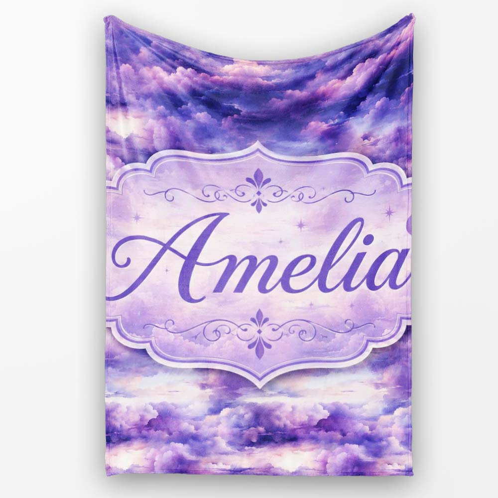 Purple Pastel Sunset Clouds Sky Seamless Pattern Name Cute Unique  Personalised Custom Name Super Soft Fleece Blanket Bed Sofa Throw