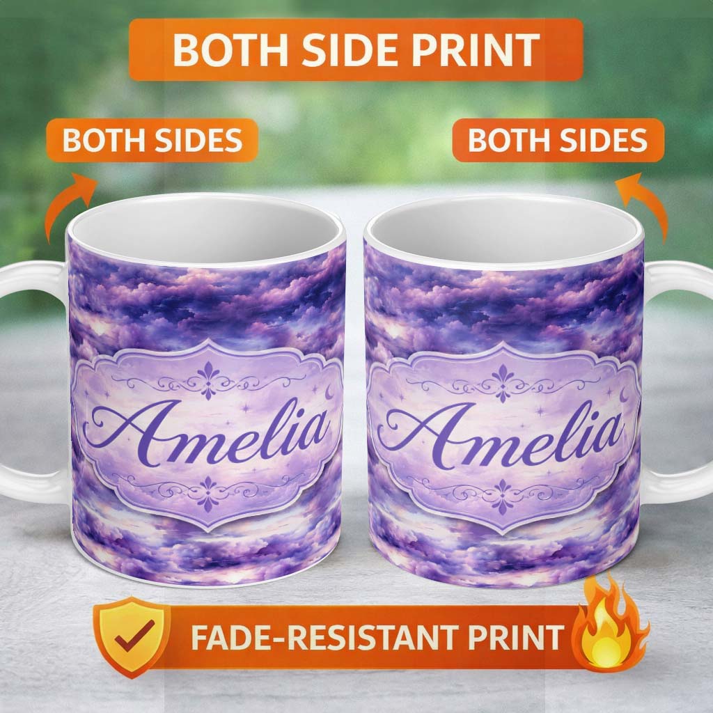 Personalized Custom Name Purple Pastel Sunset Clouds Sky Seamless Pattern Name Cute Unique 11oz Ceramic Coffee Tea Mug White Large Handle