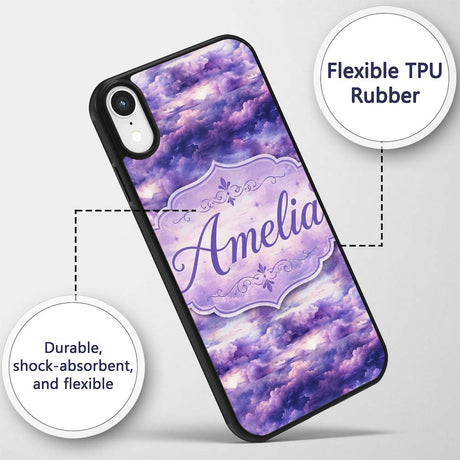 Purple Pastel Sunset Clouds Sky Seamless Pattern Custom Name Protective Phone Case Mobile Cover Durable Everyday Smartphone Shock Resistant