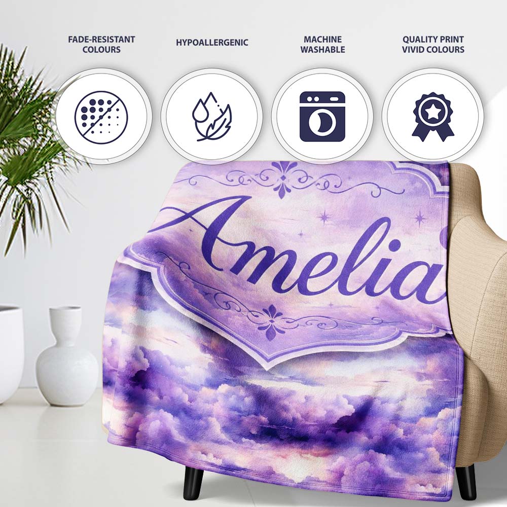 Purple Pastel Sunset Clouds Sky Seamless Pattern Name Cute Unique  Personalised Custom Name Super Soft Fleece Blanket Bed Sofa Throw