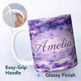 Personalized Custom Name Purple Pastel Sunset Clouds Sky Seamless Pattern Name Cute Unique 11oz Ceramic Coffee Tea Mug White Large Handle