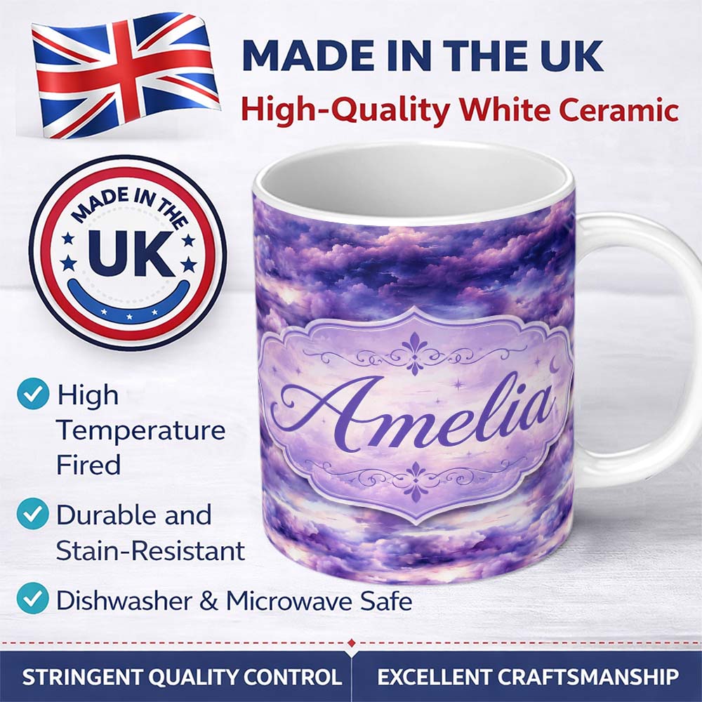 Personalized Custom Name Purple Pastel Sunset Clouds Sky Seamless Pattern Name Cute Unique 11oz Ceramic Coffee Tea Mug White Large Handle