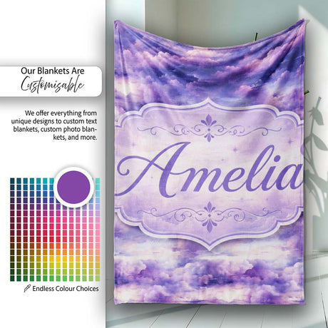 Purple Pastel Sunset Clouds Sky Seamless Pattern Name Cute Unique  Personalised Custom Name Super Soft Fleece Blanket Bed Sofa Throw