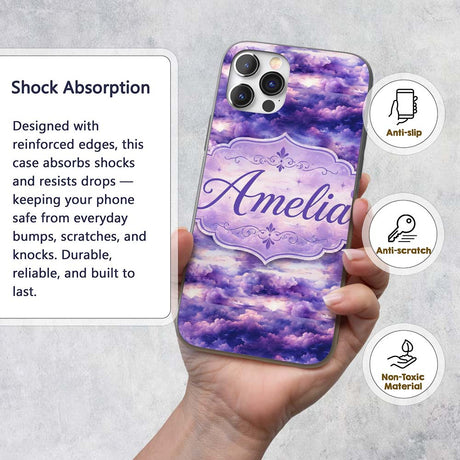 Purple Pastel Sunset Clouds Sky Seamless Pattern Custom Name Protective Phone Case Mobile Cover Durable Everyday Smartphone Shock Resistant