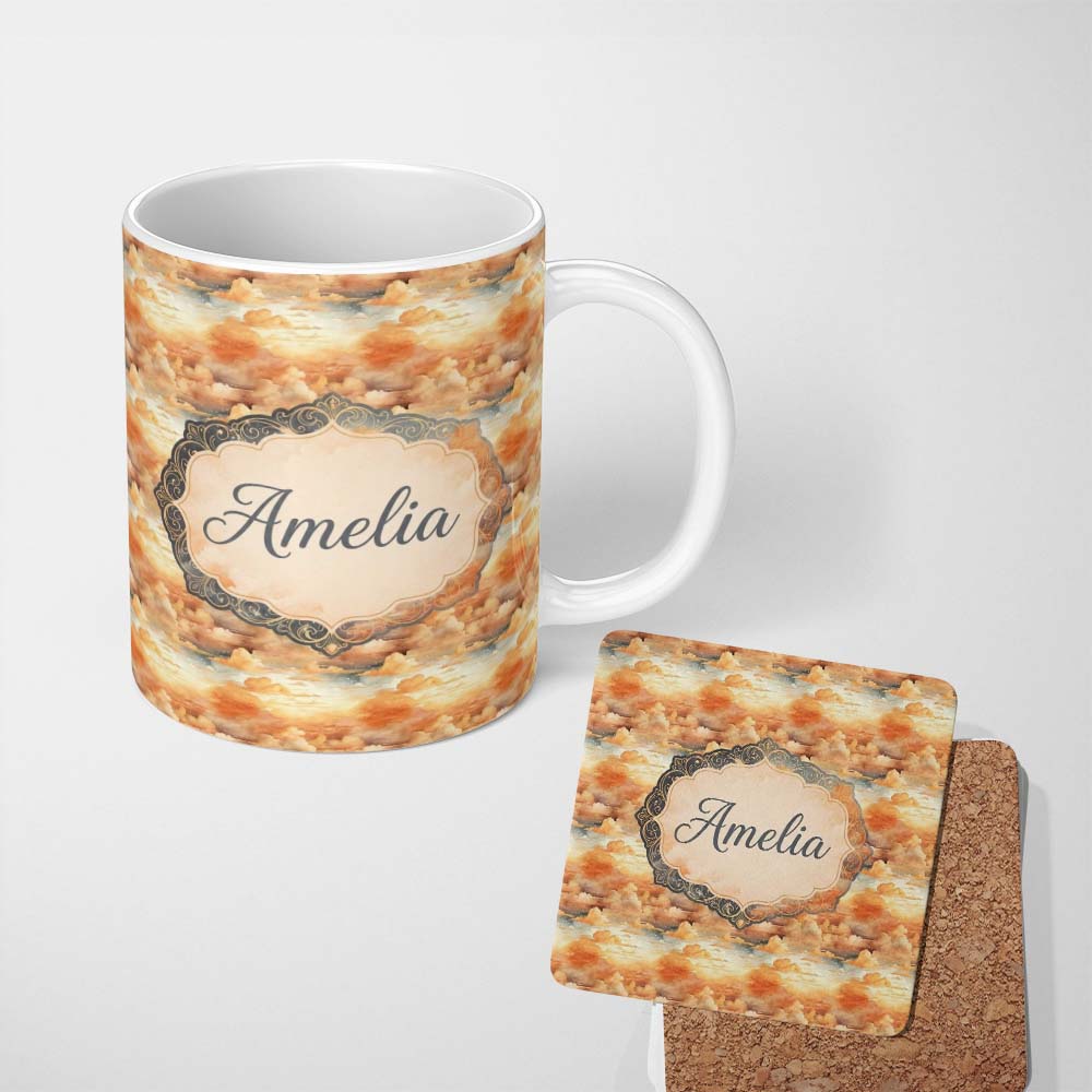 Personalized Custom Name Warm Sunset Orange Clouds Sky Seamless Pattern Name Cute Unique Gift 11oz Ceramic Coffee Tea Mug White Large Handle