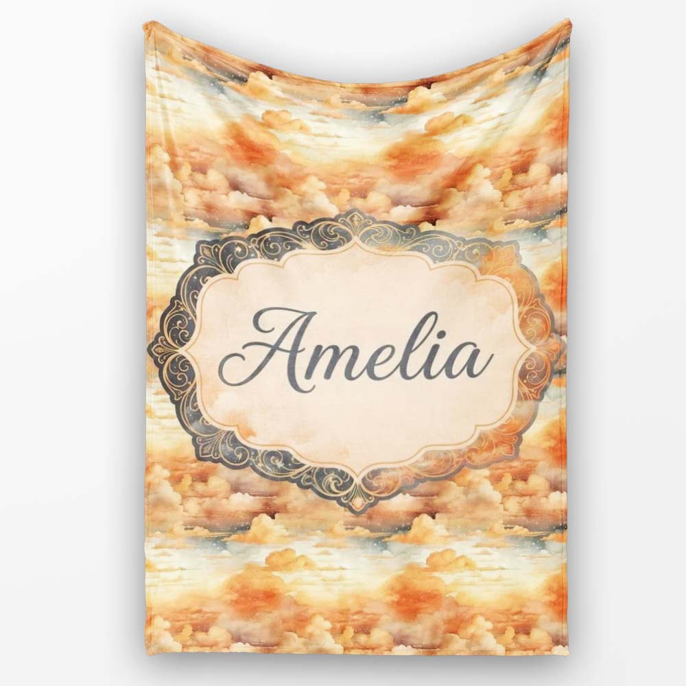 Warm Sunset Orange Clouds Sky Seamless Pattern Name Cute Unique Gift  Personalised Custom Name Super Soft Fleece Blanket Bed Sofa Throw