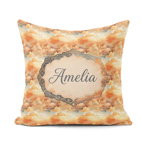 Custom Name Warm Sunset Orange Clouds Sky Seamless Pattern Name Square Filled Cushion Throw Pillow Sofa Bed Home Decor Zip Washable UK Made