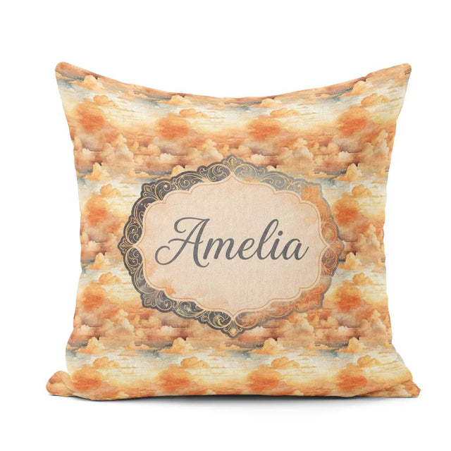 Custom Name Warm Sunset Orange Clouds Sky Seamless Pattern Name Square Filled Cushion Throw Pillow Sofa Bed Home Decor Zip Washable UK Made