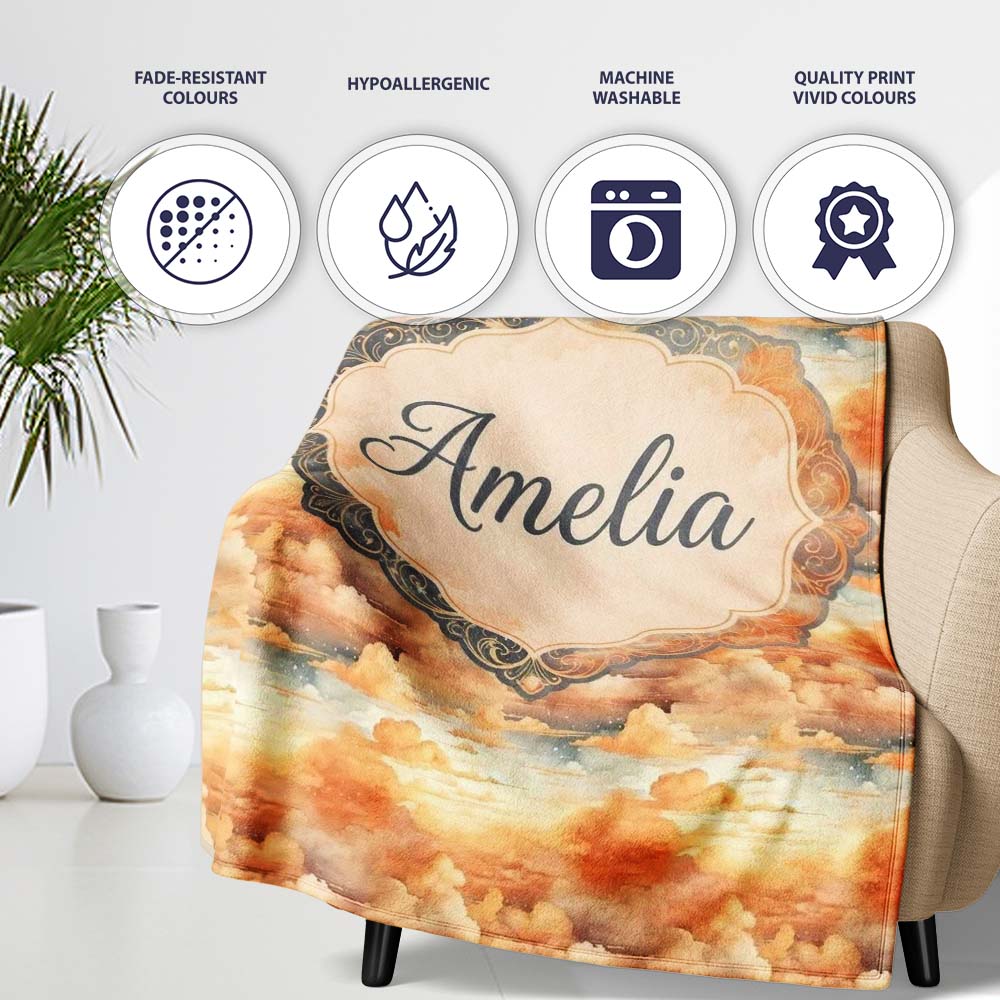 Warm Sunset Orange Clouds Sky Seamless Pattern Name Cute Unique Gift  Personalised Custom Name Super Soft Fleece Blanket Bed Sofa Throw