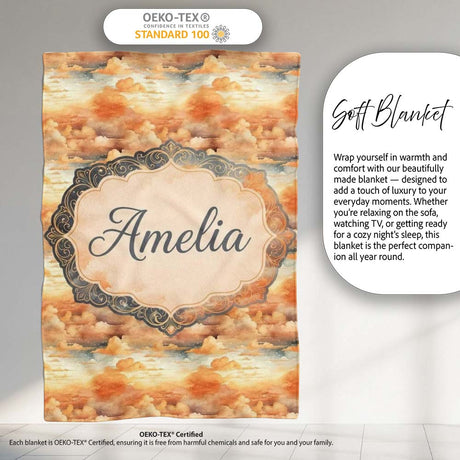 Warm Sunset Orange Clouds Sky Seamless Pattern Name Cute Unique Gift  Personalised Custom Name Super Soft Fleece Blanket Bed Sofa Throw
