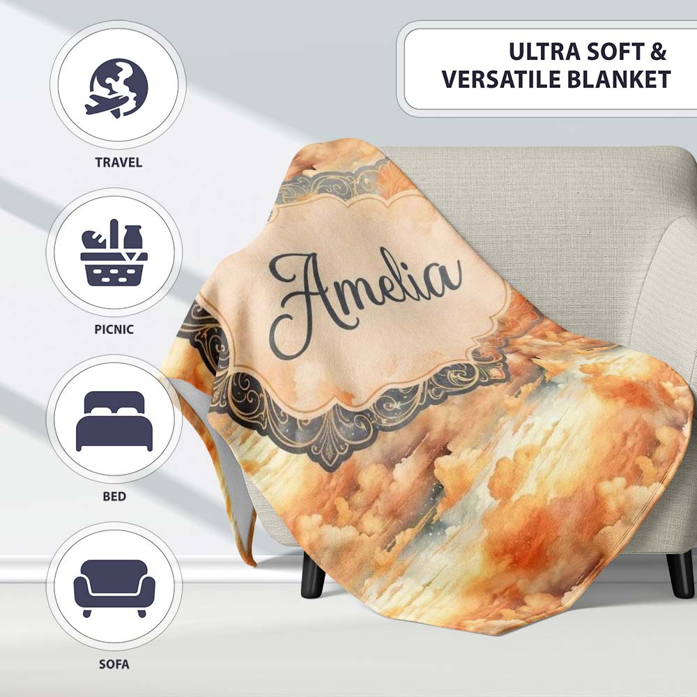 Warm Sunset Orange Clouds Sky Seamless Pattern Name Cute Unique Gift  Personalised Custom Name Super Soft Fleece Blanket Bed Sofa Throw