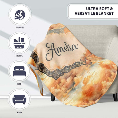 Warm Sunset Orange Clouds Sky Seamless Pattern Name Cute Unique Gift  Personalised Custom Name Super Soft Fleece Blanket Bed Sofa Throw