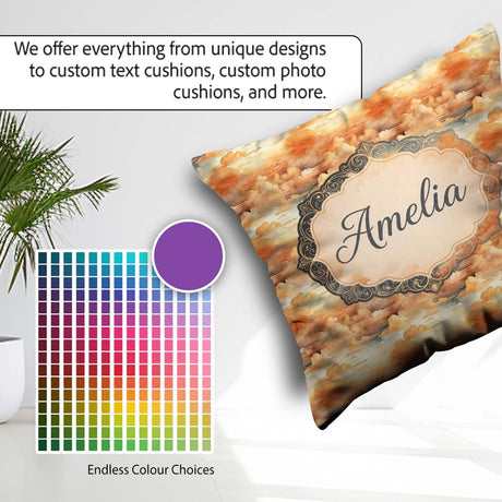 Custom Name Warm Sunset Orange Clouds Sky Seamless Pattern Name Square Filled Cushion Throw Pillow Sofa Bed Home Decor Zip Washable UK Made