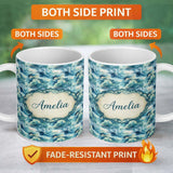 Personalized Custom Name Deep Blue Ocean Clouds Sky Seamless Pattern Name Cute Unique Gift 11oz Ceramic Coffee Tea Mug White Large Handle