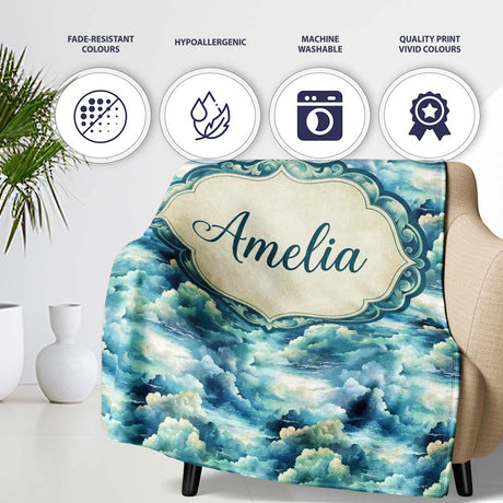 Deep Blue Ocean Clouds Sky Seamless Pattern Name Cute Unique Gift  Personalised Custom Name Super Soft Fleece Blanket Bed Sofa Throw