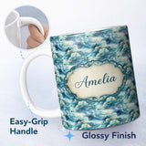 Personalized Custom Name Deep Blue Ocean Clouds Sky Seamless Pattern Name Cute Unique Gift 11oz Ceramic Coffee Tea Mug White Large Handle