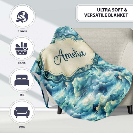 Deep Blue Ocean Clouds Sky Seamless Pattern Name Cute Unique Gift  Personalised Custom Name Super Soft Fleece Blanket Bed Sofa Throw