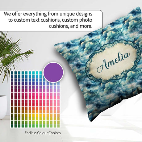Custom Name Deep Blue Ocean Clouds Sky Seamless Pattern Name Square Filled Cushion Throw Pillow Sofa Bed Home Decor Zip Washable UK Made