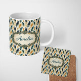 Personalized Custom Name Elegant Feather Leaves Boho Seamless Pattern Name Cute Unique Gift 11oz Ceramic Coffee Tea Mug White Large Handle