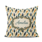 Custom Name Elegant Feather Leaves Boho Seamless Pattern Name Square Filled Cushion Throw Pillow Sofa Bed Home Decor Zip Washable UK Made