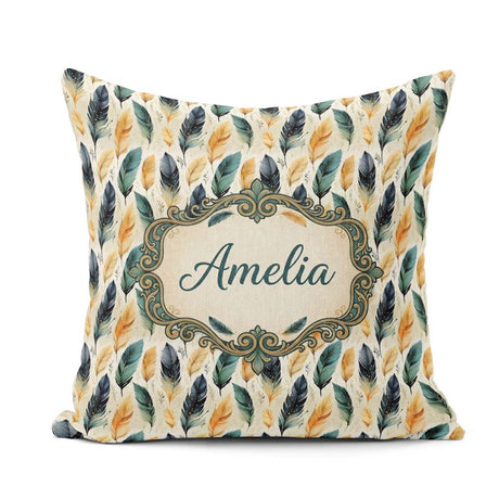 Custom Name Elegant Feather Leaves Boho Seamless Pattern Name Square Filled Cushion Throw Pillow Sofa Bed Home Decor Zip Washable UK Made