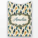 Elegant Feather Leaves Boho Seamless Pattern Name Cute Unique Gift  Personalised Custom Name Super Soft Fleece Blanket Bed Sofa Throw
