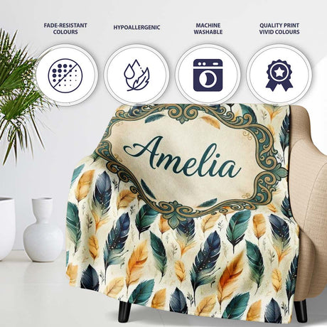 Elegant Feather Leaves Boho Seamless Pattern Name Cute Unique Gift  Personalised Custom Name Super Soft Fleece Blanket Bed Sofa Throw