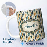 Personalized Custom Name Elegant Feather Leaves Boho Seamless Pattern Name Cute Unique Gift 11oz Ceramic Coffee Tea Mug White Large Handle