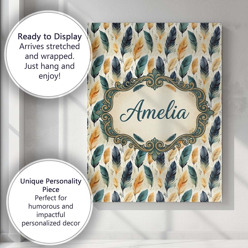 Personalised Name Elegant Feather Leaves Custom  Interior Decorative Contemporary Canvas Wall Art Print Decor Picture Ready to Hang