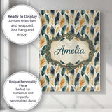 Personalised Name Elegant Feather Leaves Custom  Interior Decorative Contemporary Canvas Wall Art Print Decor Picture Ready to Hang