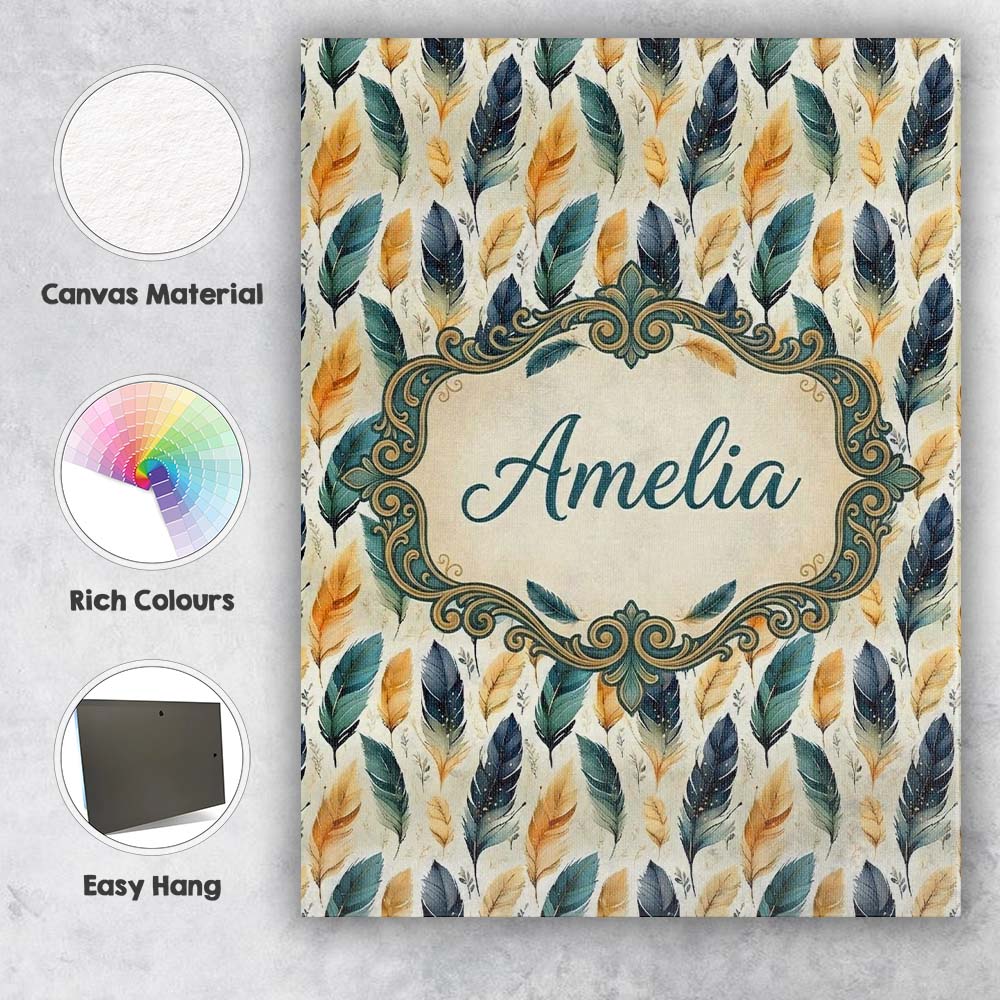Personalised Name Elegant Feather Leaves Custom  Interior Decorative Contemporary Canvas Wall Art Print Decor Picture Ready to Hang