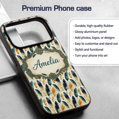 Elegant Feather Leaves Boho Seamless Pattern Name Custom Name Protective Phone Case Mobile Cover Durable Everyday Smartphone Shock Resistant