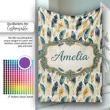 Elegant Feather Leaves Boho Seamless Pattern Name Cute Unique Gift  Personalised Custom Name Super Soft Fleece Blanket Bed Sofa Throw