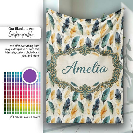 Elegant Feather Leaves Boho Seamless Pattern Name Cute Unique Gift  Personalised Custom Name Super Soft Fleece Blanket Bed Sofa Throw