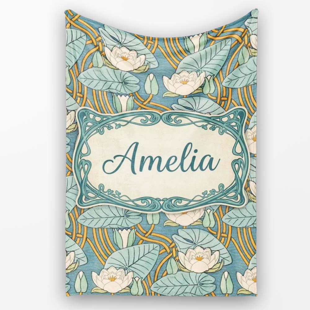 Art Nouveau Lily Pond Floral Seamless Pattern  Cute  Personalised Custom Name Super Soft Fleece Blanket Bed Sofa Throw