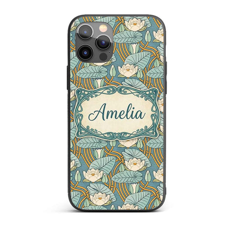 Art Nouveau Lily Pond Floral Seamless Pattern Custom Name Protective Phone Case Mobile Cover Durable Everyday Smartphone Shock Resistant