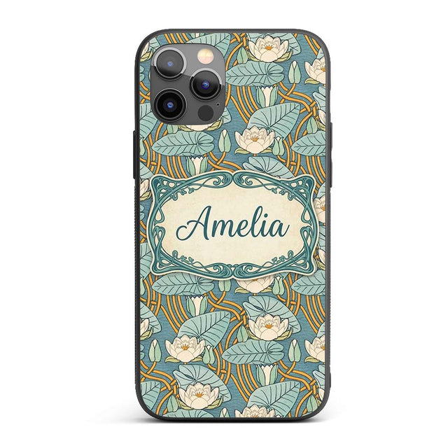 Art Nouveau Lily Pond Floral Seamless Pattern Custom Name Protective Phone Case Mobile Cover Durable Everyday Smartphone Shock Resistant