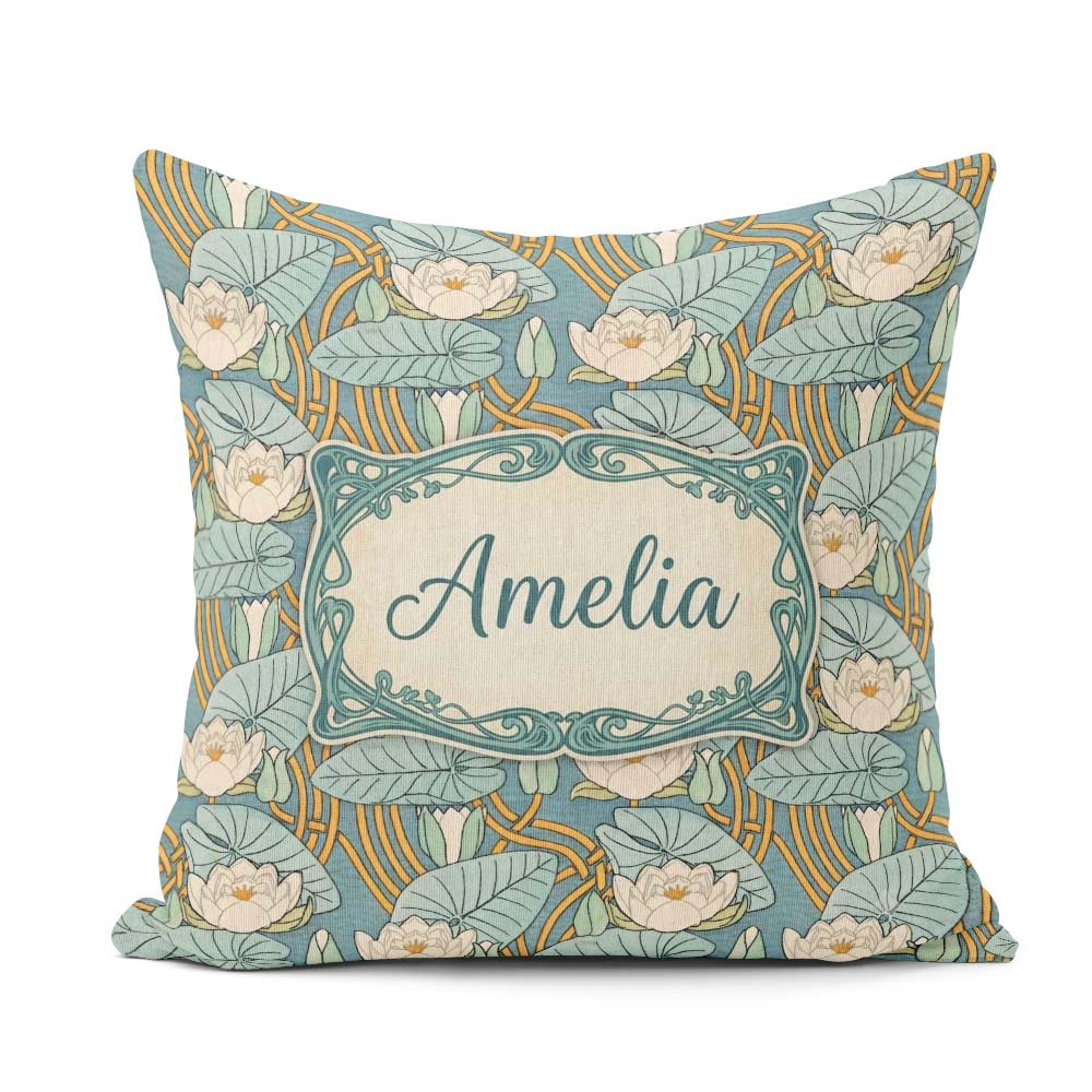 Custom Name Art Nouveau Lily Pond Floral Seamless Pattern Cute Square Filled Cushion Throw Pillow Sofa Bed Home Decor Zip Washable UK Made