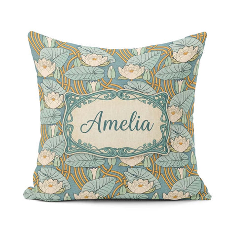 Custom Name Art Nouveau Lily Pond Floral Seamless Pattern Cute Square Filled Cushion Throw Pillow Sofa Bed Home Decor Zip Washable UK Made
